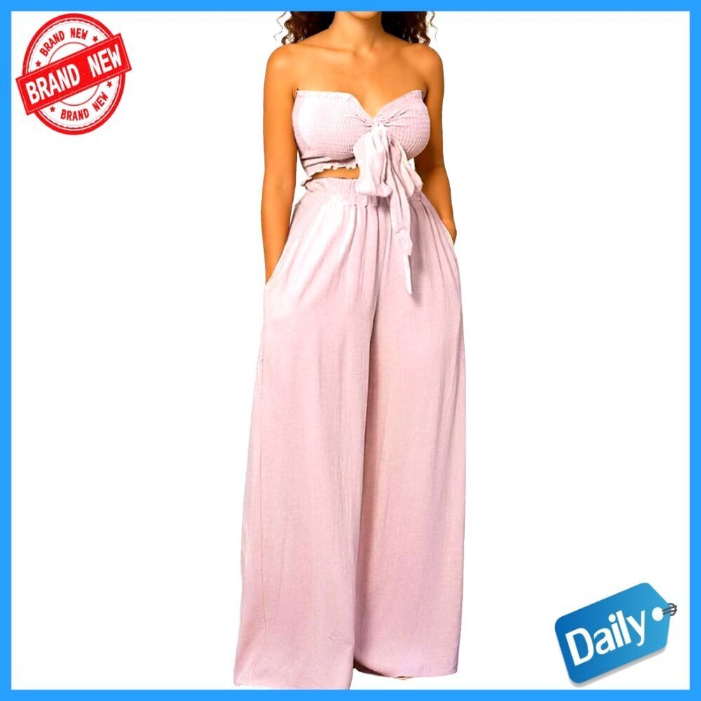 Two Piece Set with Tie Front Bandeau Crop Top and Wide Leg Pants, Pockets